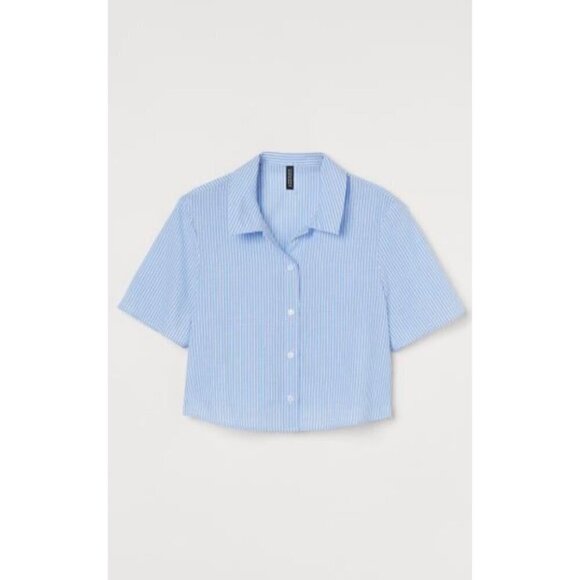 H&M Cropped Blue & White Striped Button-Up Shirt, 100%COTTON, SEMI SHEER, BEACH, - Picture 1 of 4